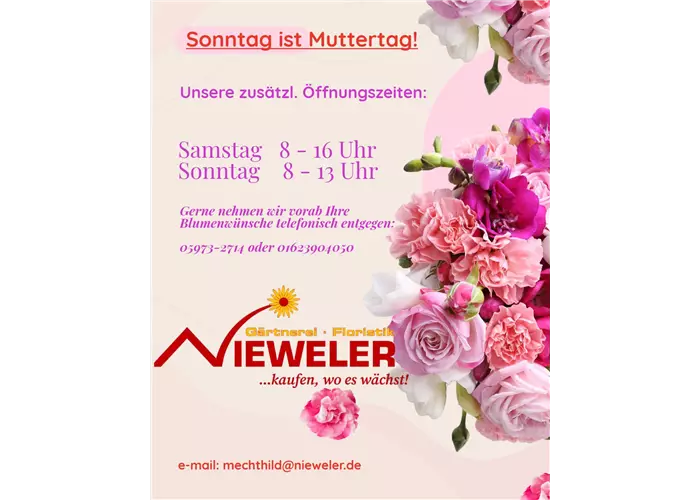 Sonderöffnungszeiten zu Muttertag